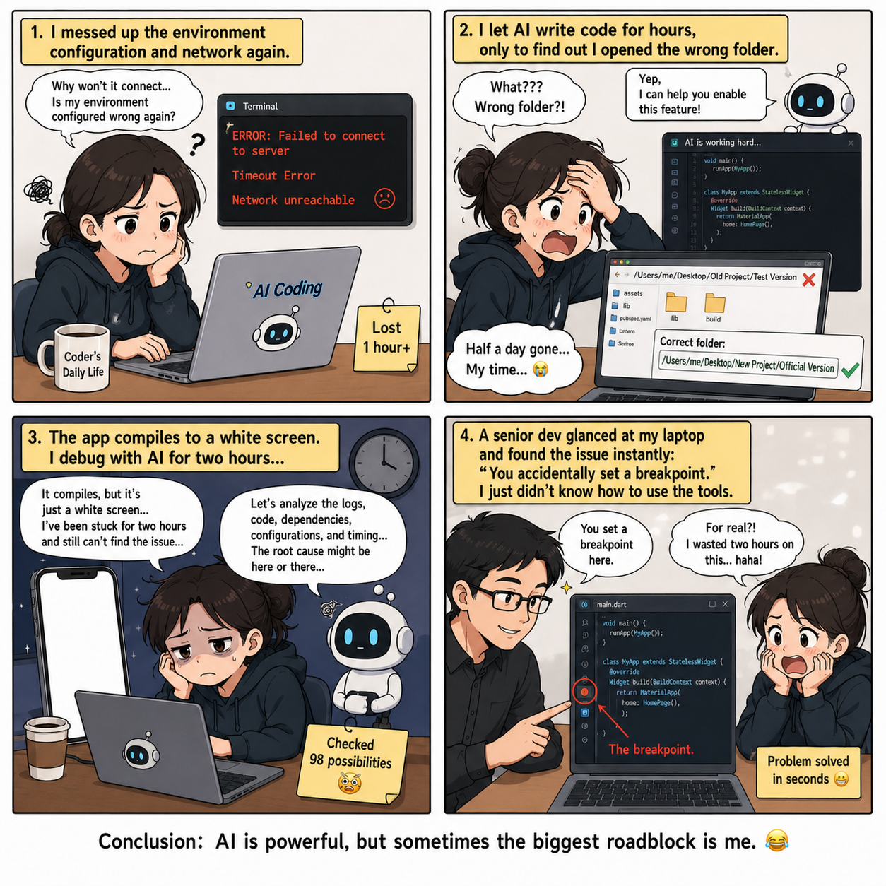 Four panels: environment errors, opening the wrong folder, debugging a white screen with AI for two hours, and the senior dev finds the bug in seconds.