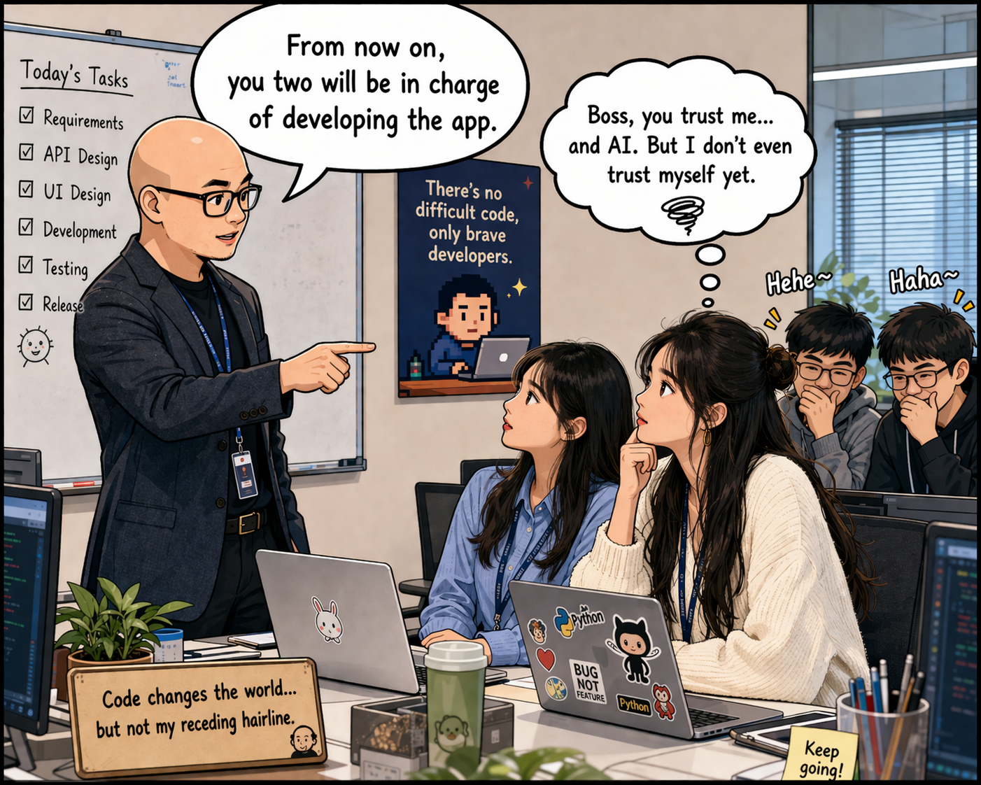 Boss tells two non-developers they'll be in charge of building the app. The designer thinks: "I trust AI… but I don't even trust myself yet."
