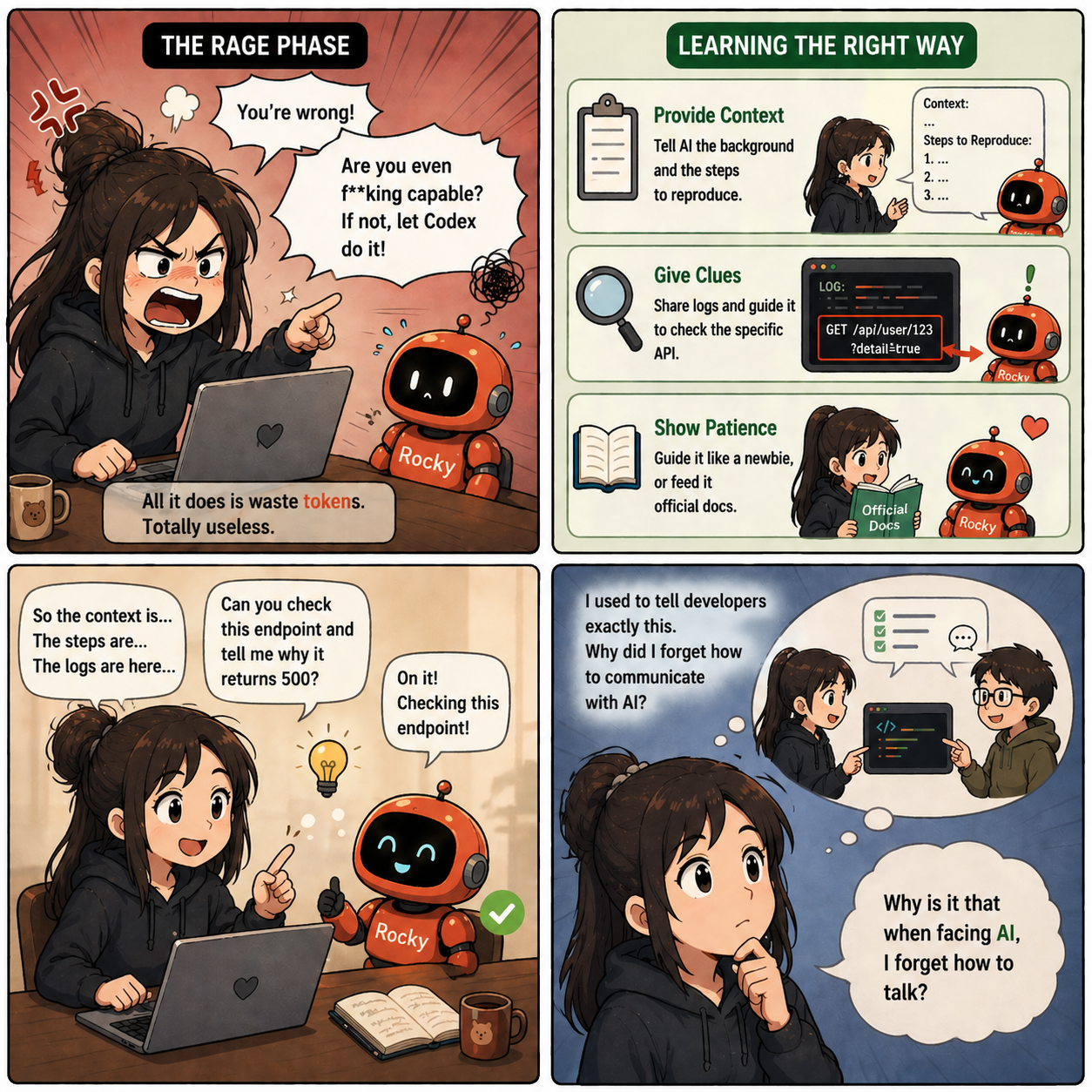 Left: rage phase, yelling at the AI. Right: providing context, giving clues, showing patience. Bottom: collaborating like teammates, then realizing — "Why did I forget how to talk when I was talking to AI?"