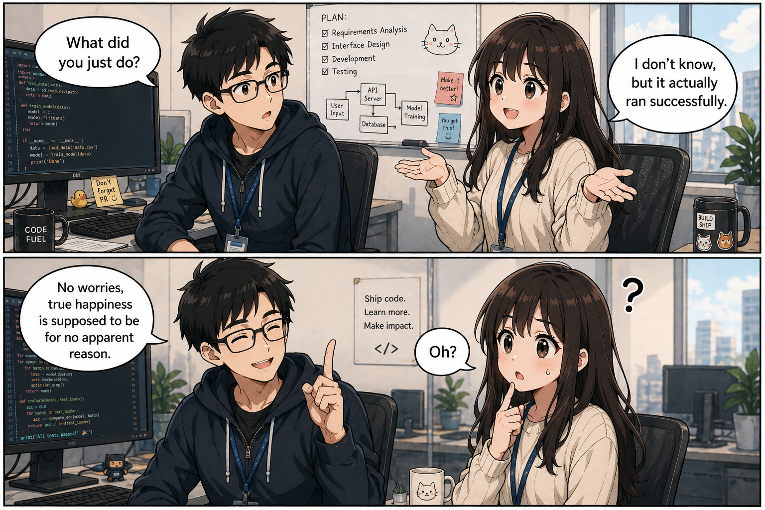 Two coworkers chatting at their desks. Engineer: "What did you just do?" PM: "I don't know, but it actually ran successfully."